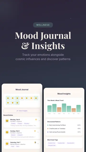 Mood journal with cosmic correlation tracking moon phases and planetary transits